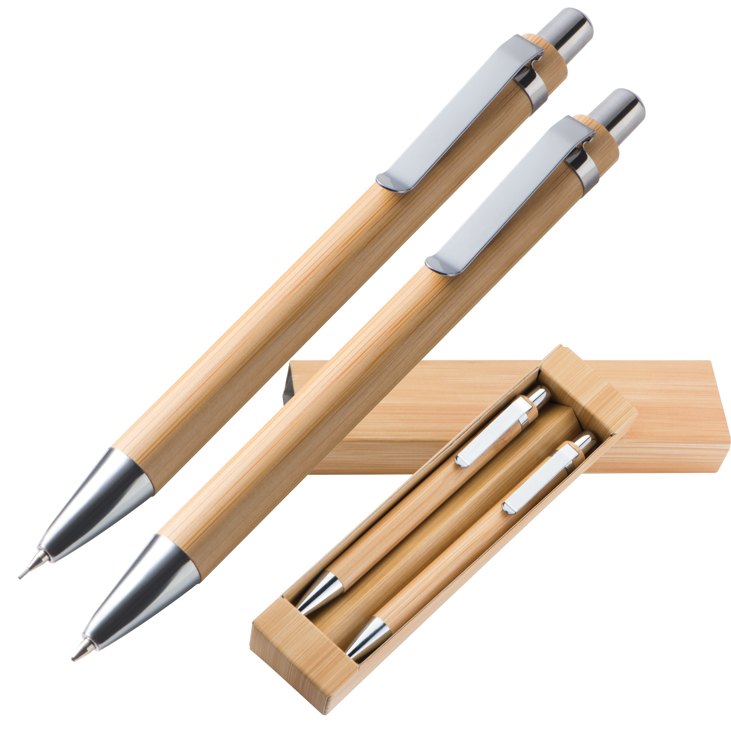 Bambus-Kugelschreiber & Druckbleistift in Papierbox