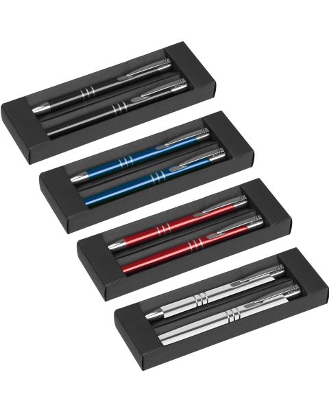 Exklusives Metall-Schreibset bei MrGift: Kugelschreiber & Rollerball, blau schreibend, elegant gelasert, zeitloses Design. Ideal für stilvolle Werbung