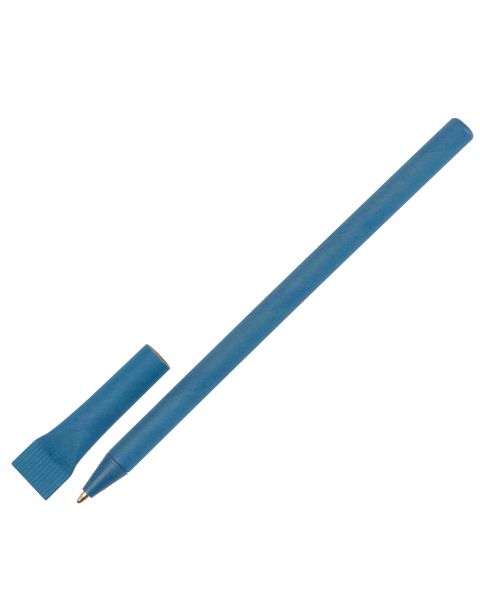 Blauer umweltfreundlicher Kugelschreiber aus recyceltem Papier mit blauschreibender Mine. Ideal für nachhaltige Werbung.