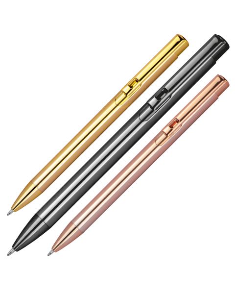 Stilvoller Aluminium-Kugelschreiber in Metallic-Farben, mit blauer Mine und individueller Gravur neben dem Clip. Perfekt für Büro, Zuhause oder unterwegs