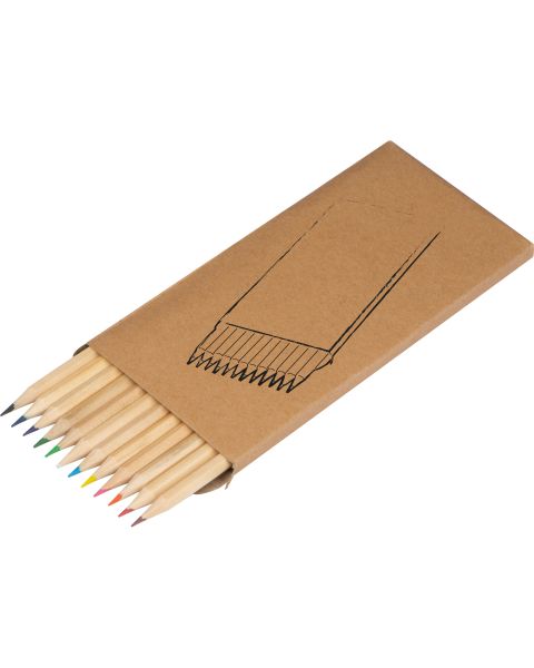 12-teiliges umweltfreundliches Buntstiftset aus Holz, in recycelbarer Kartonverpackung, ideal für kreative Projekte.