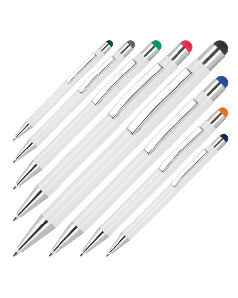 Stilvoller Aluminium-Kugelschreiber mit Touchfunktion und gummiertem Finish. Blau schreibende Großraummine für präzises Schreiben. Perfekte Werbefläche rechts vom Clip