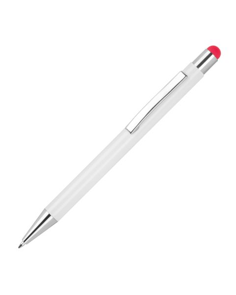 Hochwertiger Aluminium-Kugelschreiber mit roter Touchfunktion. Ideale Kombination für präzises Schreiben. Werbefläche rechts vom Clip für individuelle Präsentation