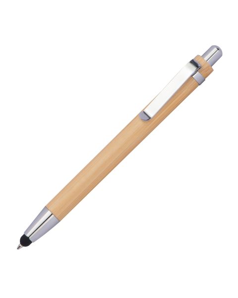 Bambus-Kugelschreiber mit Touchfunktion, blau schreibender Mine und silbernen Applikationen, ideal für Touchscreen-Geräte.