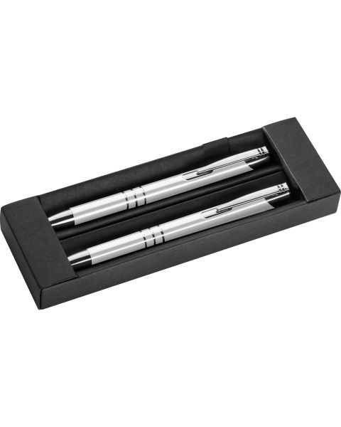 Entdecken Sie unser stilvolles Schreibset aus Metall: Kugelschreiber und Druckbleistift mit blauer Mine. Präsentieren Sie Ihre Marke elegant! 
