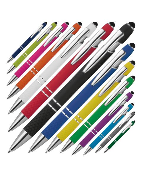 
Exklusiver Aluminium-Kugelschreiber: Hochwertiges Design, blau schreibende Mine, Touchfunktion, gemusterte Griffzone, stilvolle Silberapplikationen. Personalisiert mit Ihrem Logo