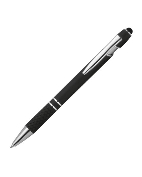 
Schwarzer Aluminium-Kugelschreiber: Elegantes Design, blaue Mine, Touchfunktion, gemusterte Griffzone, stilvolle Silberapplikationen. Personalisiert mit Ihrem Logo