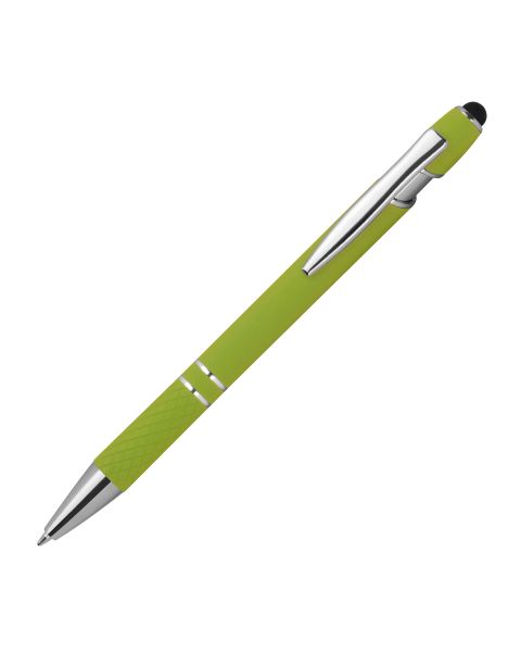 Apfelgrüner Aluminium-Kugelschreiber: Frisches Design, blaue Mine, Touchfunktion, gemusterte Griffzone, stilvolle Silberapplikationen. Personalisiert mit Ihrem Logo