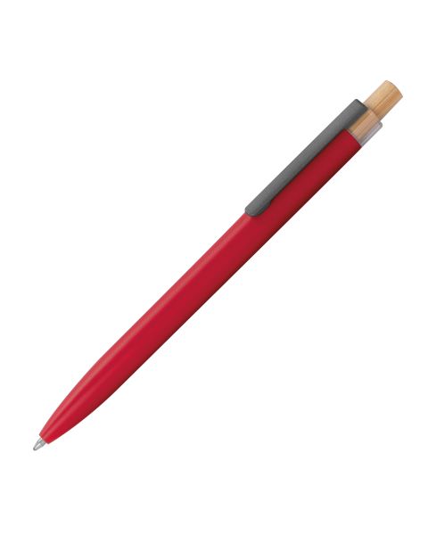 Nachhaltiger roter Kugelschreiber aus recyceltem Aluminium mit Metallclip und Holzdrücker, ideal für Werbeanbringung.