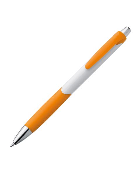  Kugelschreiber mit orangefarbener Gummigriffzone für ein stilvolles und komfortables Schreiberlebnis. Personalisieren Sie ihn mit Ihrem Logo auf dem weißen Schaft