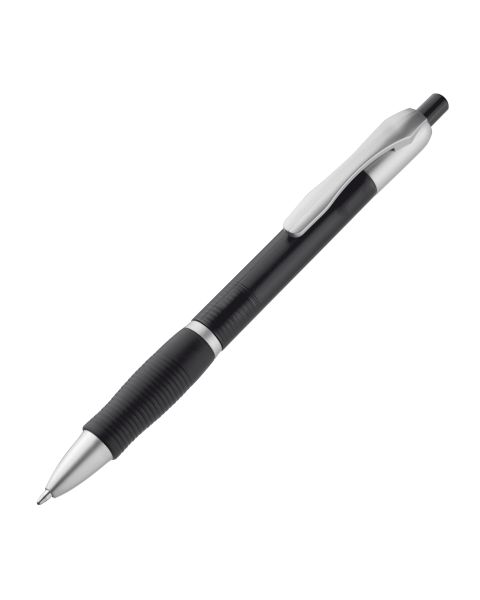 Schwarzer Druckkugelschreiber mit blauer Mine, weicher Gummigriffzone und gefrostetem Schaft. Komfortabel und personalisierbar.
