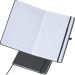 A5 Notizbuch mit PU-Hardcover, 160 linierte Seiten, Lesebändchen, Gummischlaufe, individuelle Werbeanbringung.