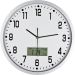 Elegante Wanduhr mit analoger Uhrzeit und digitaler Anzeige für Datum, Wochentag und Temperatur, plus Werbeplatz.