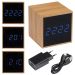 Elegante Tischuhr mit Holzummantelung, blauer LED-Anzeige für Zeit, Datum und Temperatur, personalisierbar mit Logo.