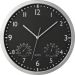 Schwarze, stilvolle Wanduhr mit Hygrometer und Thermometer, elegantes Design und einfache Werbeanbringung durch Bajonettverschluss.