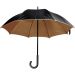 Eleganter Regenschirm mit schwarzer Außenseite und brauner Innenseite. Hochwertige Verarbeitung, kompakt und ideal für Werbung.