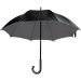 Eleganter Regenschirm mit schwarzer Außenseite und silbergrauer Innenseite. Hochwertige Verarbeitung, kompakt und werbewirksam.