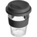 Glas-Trinkbecher mit schwarzem Silikondeckel und schwarzer Manschette, 300 ml – stilvoll, nachhaltig und personalisierbar