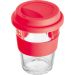 Glas-Trinkbecher mit rotem Silikondeckel und roter Manschette, 300 ml – stilvoll, nachhaltig und personalisierbar.