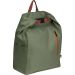 Khakifarbener RPET-Rucksack mit Laptopfach, Seitentaschen, verstellbaren Gurten und Werbelogo auf der Vorderseite.