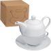 Hochwertiges Porzellan-Teeset: 200ml Tasse, 400ml Kännchen, Unterteller. Zeitloses Design, ideal als Werbegeschenk mit Logo.